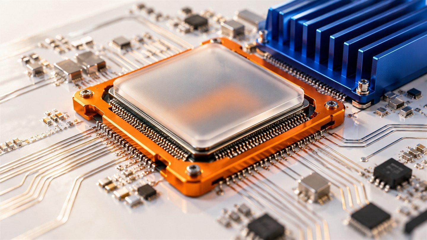 A detailed processor and connected circuitry with orange and cobalt components on a white workbench.