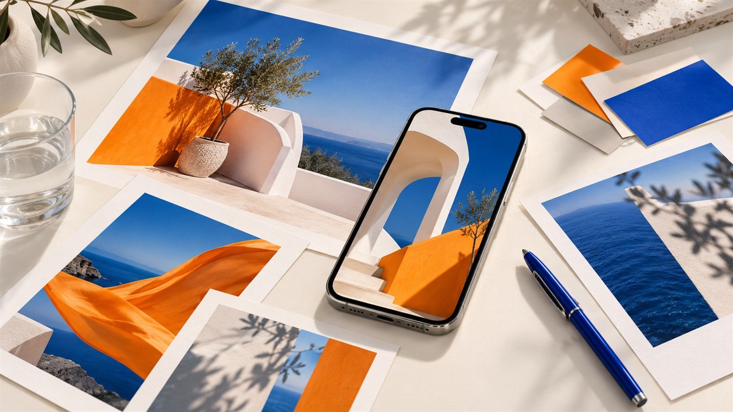 Orange and blue campaign prints, a smartphone and color swatches arranged on a creative studio desk.