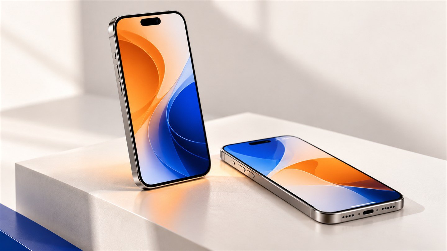Two modern smartphones with orange and blue interface concepts, photographed on a white plinth.