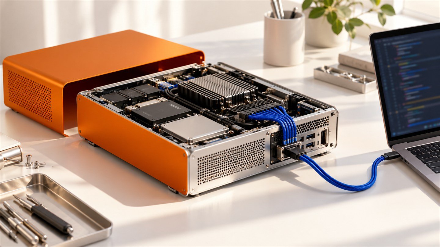 A precision computing system with an orange cover connected to a laptop by a cobalt cable.