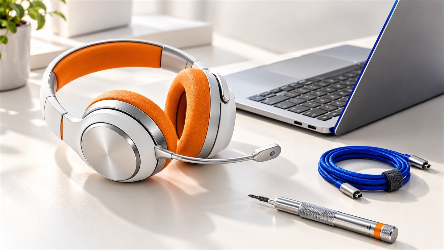 A white communication headset, laptop and neatly arranged tools representing ongoing technical care.