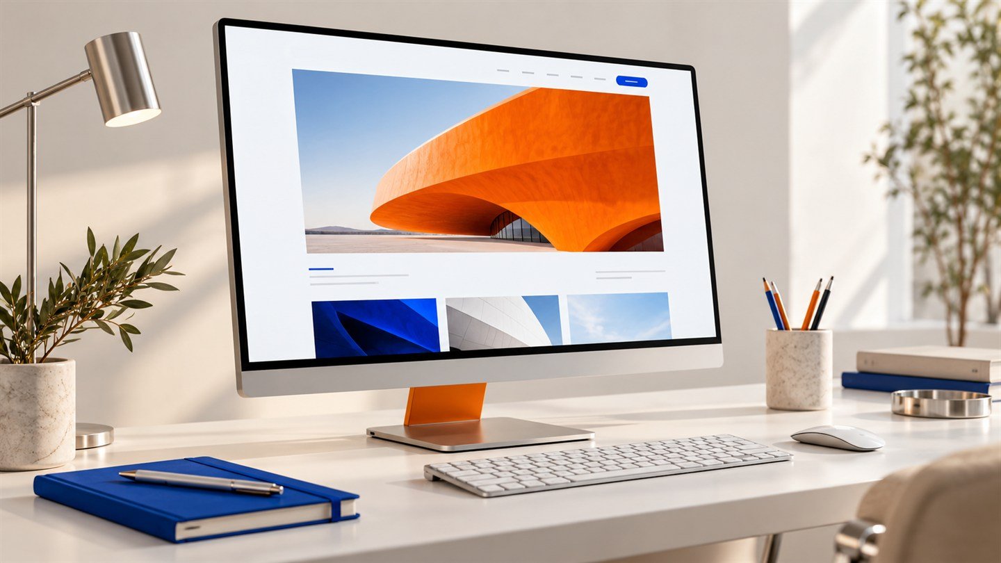 A carefully arranged desktop monitor, keyboard and blue notebook in a bright web-design workspace.